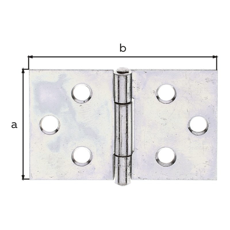 Scharnier breit 30 x 47 mm gelb verzinkt – mit vernietetem Edelstahlstift, 1 mm stark, 6 Löcher