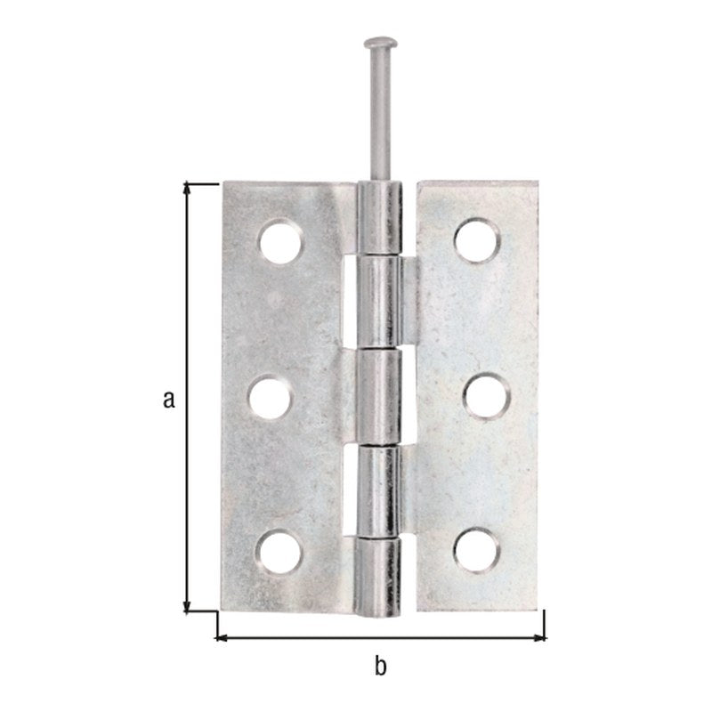 Scharnier halbbreit 63 x 45 mm gelb verzinkt – mit losem Edelstahlstift, 1,50 mm stark, 6 Löcher