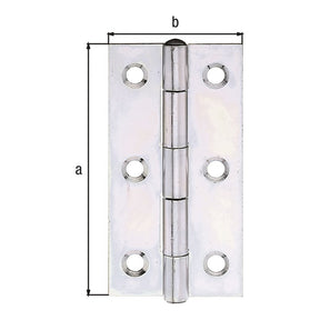 Scharnier schmal 70 x 35 mm gelb verzinkt – mit vernietetem Edelstahlstift, 1 mm stark, 6 Löcher