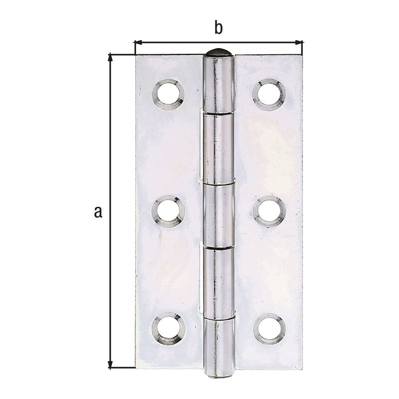 Scharnier schmal 70 x 35 mm gelb verzinkt – mit vernietetem Edelstahlstift, 1 mm stark, 6 Löcher