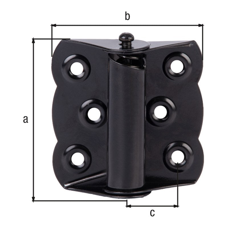 Scharnier selbstschließend 70 x 65 mm schwarz beschichtet – Tiefe 22 mm, 1 mm stark, 6 Löcher