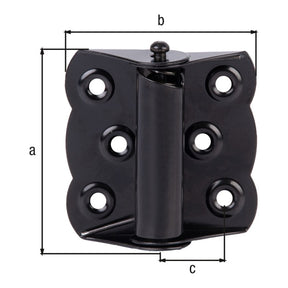 Scharnier selbstschließend 70 x 65 mm schwarz beschichtet – Tiefe 22 mm, 1 mm stark, 6 Löcher
