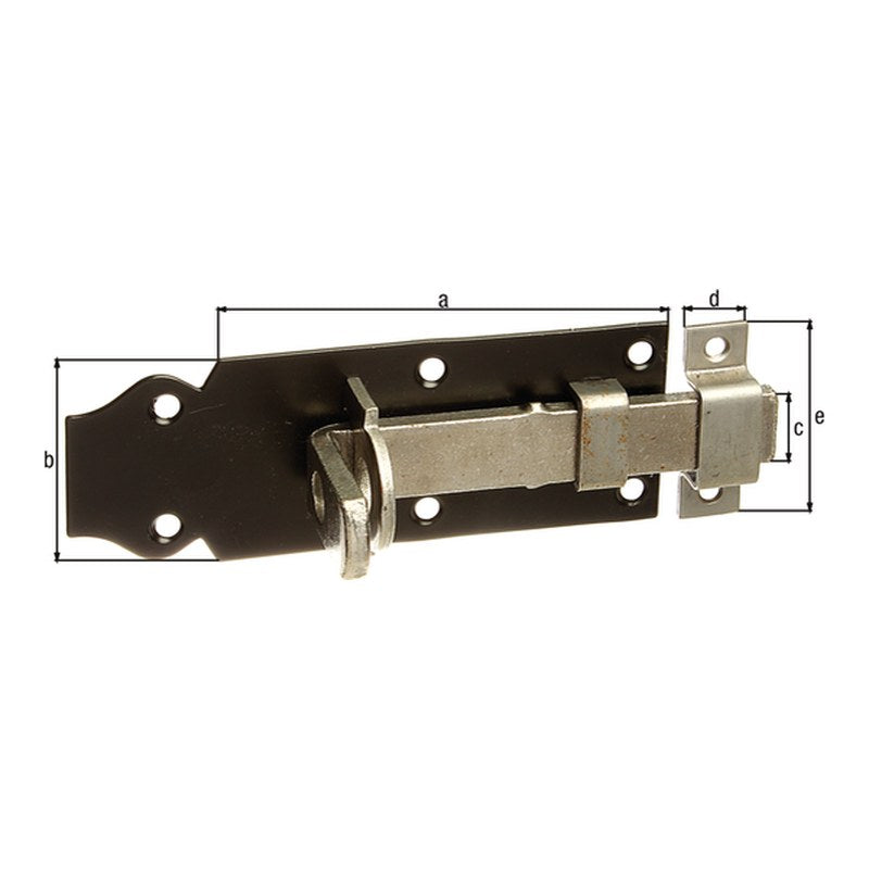Schlossriegel gerade mit Schlaufe 120 mm blau verzinkt – Platte schwarz lackiert, flacher Griff