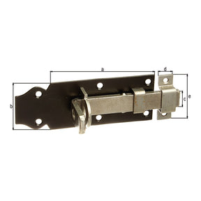 Schlossriegel gerade mit Schlaufe 120 mm blau verzinkt – Platte schwarz lackiert, flacher Griff